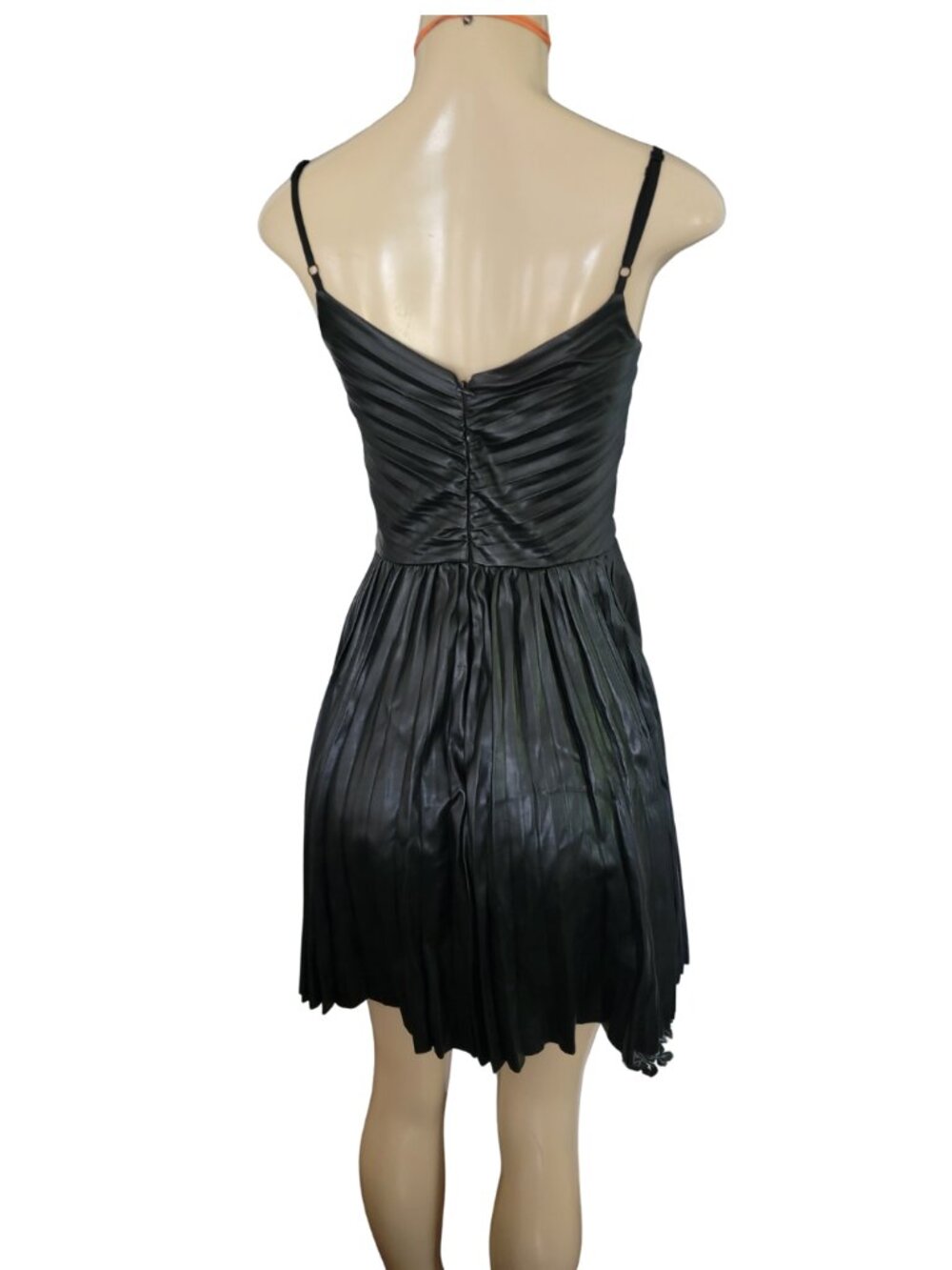 Express Faux Leather V-Neck Pleated Fit And Flare Mini Little Black Dress. - Picture 7 of 15